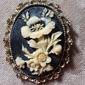 Vintage Floral Cameo Brooch Blue Flowers Carved Pin